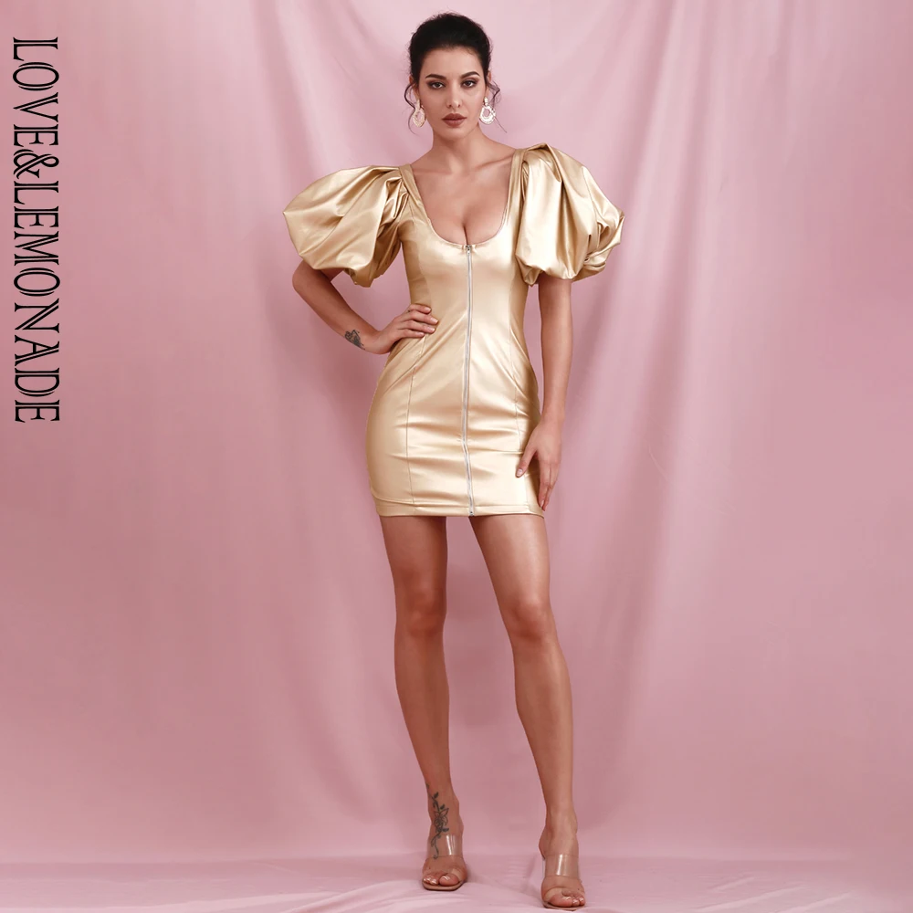 Женское мини платье на молнии LOVE & LEMONADE золотистое облегающее из эластичной