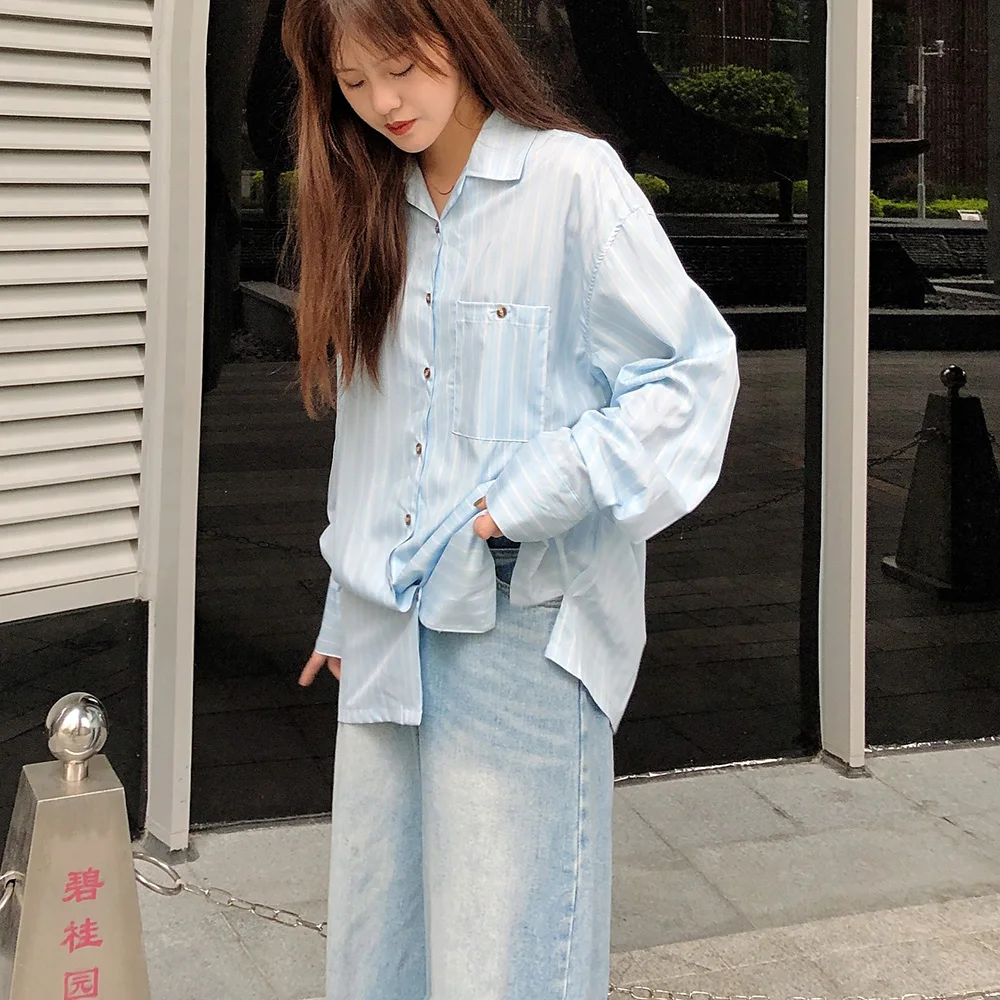 Autumn 2019 loose plus size stripe shirt female women casual blue and yellow large Blusa woman good quality womens blouse |