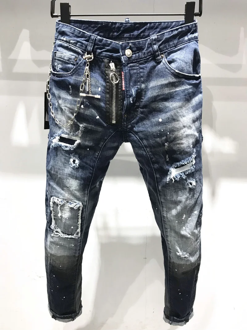 

New DSQUARED2 Men's/Women's Ripped Splicing Jeans, Fashion Washed Frayed Patch, Paint Made Old Stretch Pants A231