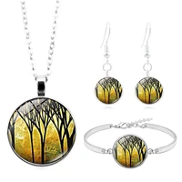 retro tree of life cabochon glass pendant necklace bracelet earrings jewelry set totally 4pcs for womens fashion sweater chain