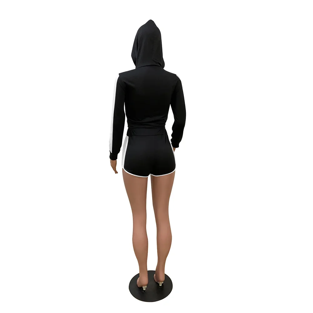 

Color Block Spliced Two Piece Tracksuit Women Long Sleeve Hooded Slim Fit Pullover and Sporty Jogger Short Active Wear Sweatsuit