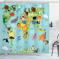 cartoon shower curtain animal map of the world mountains forests cloth fabric bathroom decor set with hooks blue yellow green