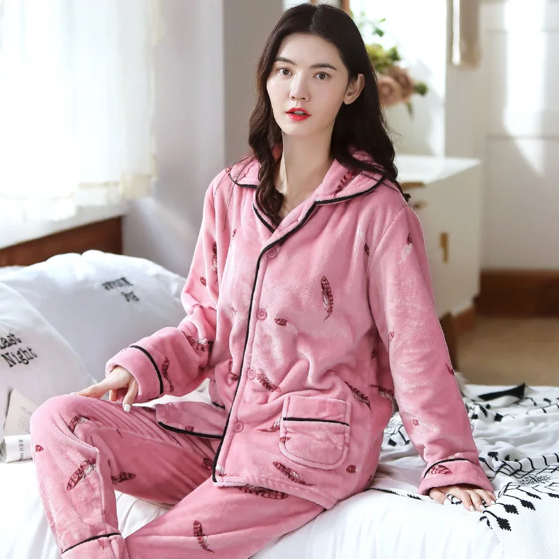 2021 Autumn and Winter Women's Pajamas Long-sleeved Thickened Flannel Cardigan Pijamas Women Home Service Sleep Tops Sleepwear