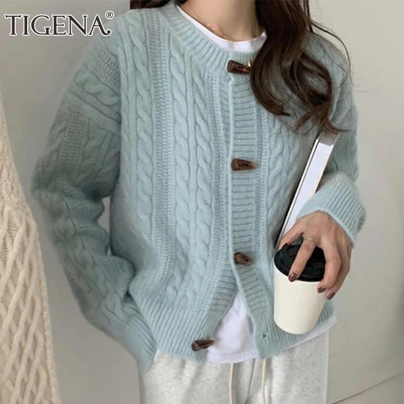 

TIGENA Women Cardigan Sweater 2021 Spring Autumn Horn Button Long Sleeve Short Cropped Cardigan Female Knitted Jacket Coat