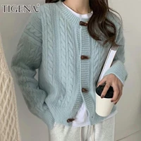 tigena women cardigan sweater 2021 spring autumn horn button long sleeve short cropped cardigan female knitted jacket coat