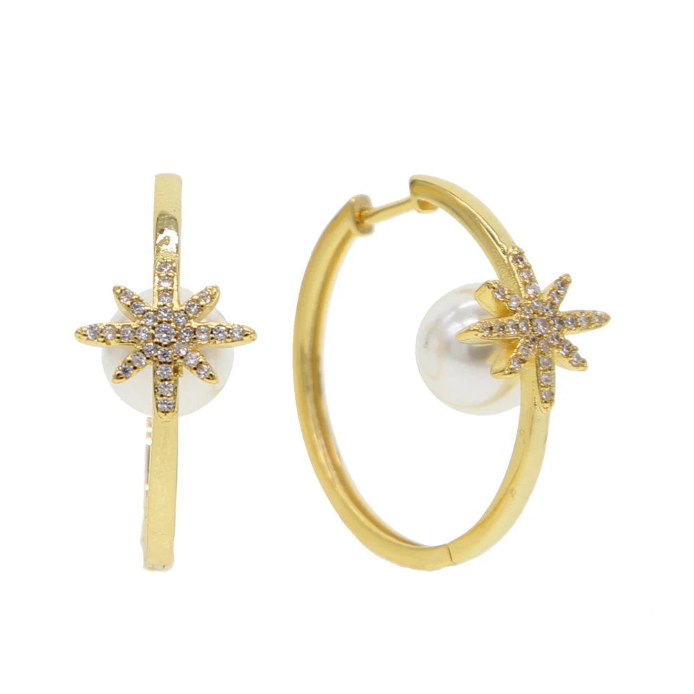Gold gold big hoop earrings setting white round pearl delicate star snowflake CZ stone for women Gorgeous fashion charm jewelry | Украшения