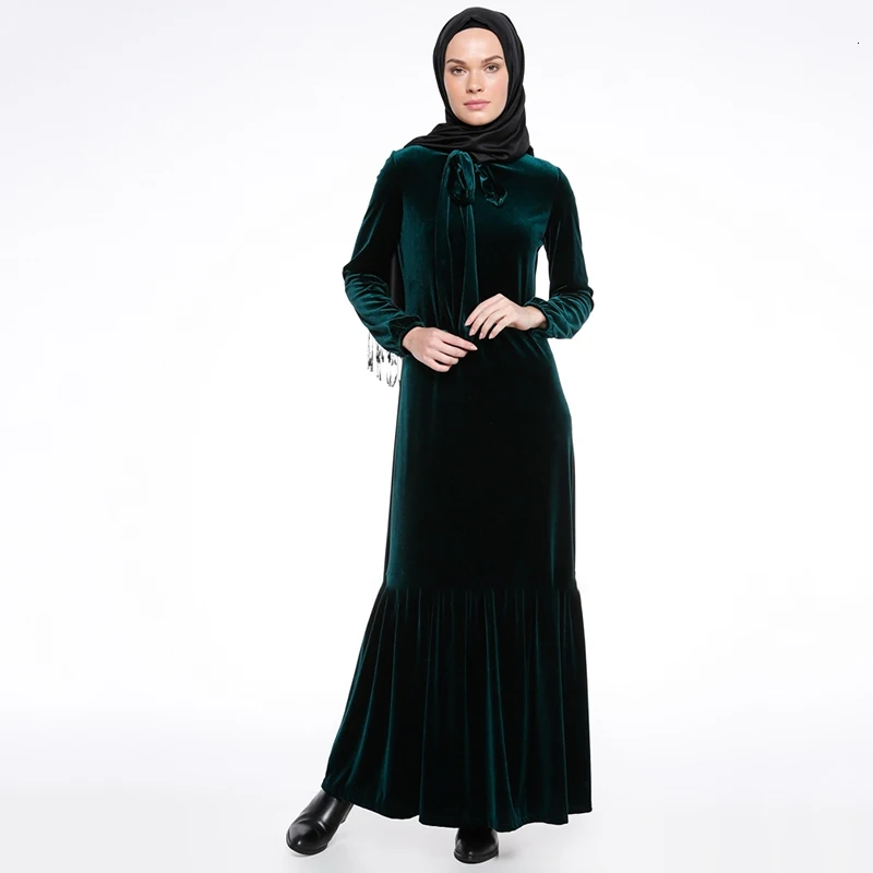 Элегантный мусульманский абайя утепленное бархатное платье с бантом длинный