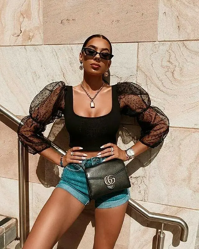 Новые женские прозрачные сетчатые короткие блузки в горошек с длинным рукавом и