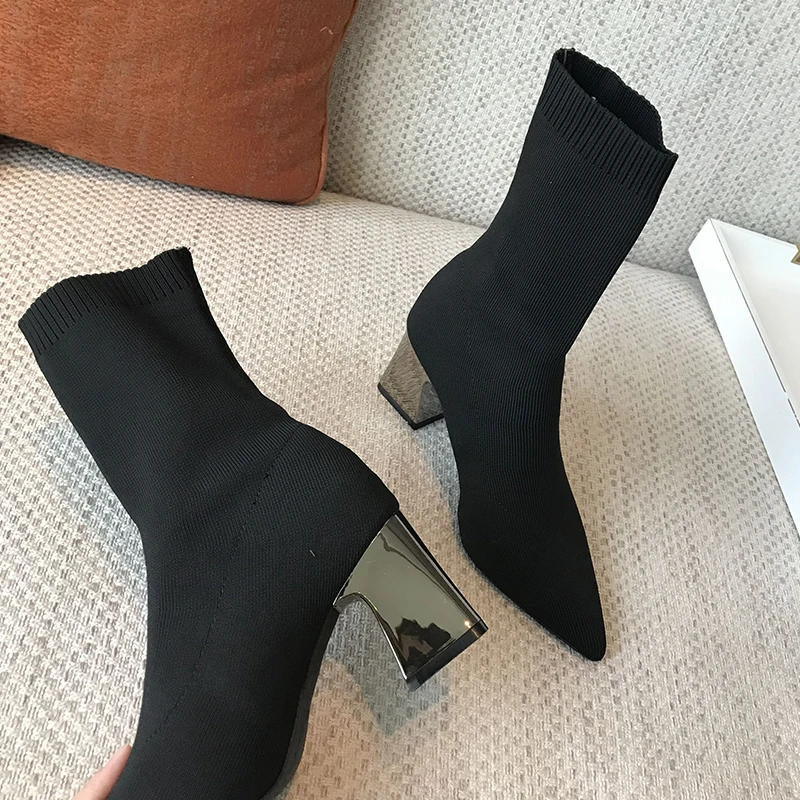 Stretch Boots Women Winter Heels Shoes Pointed Toe Ankle Women's Sock Booties With Pewter Chucky Heel Foldable Style 2020 | Обувь