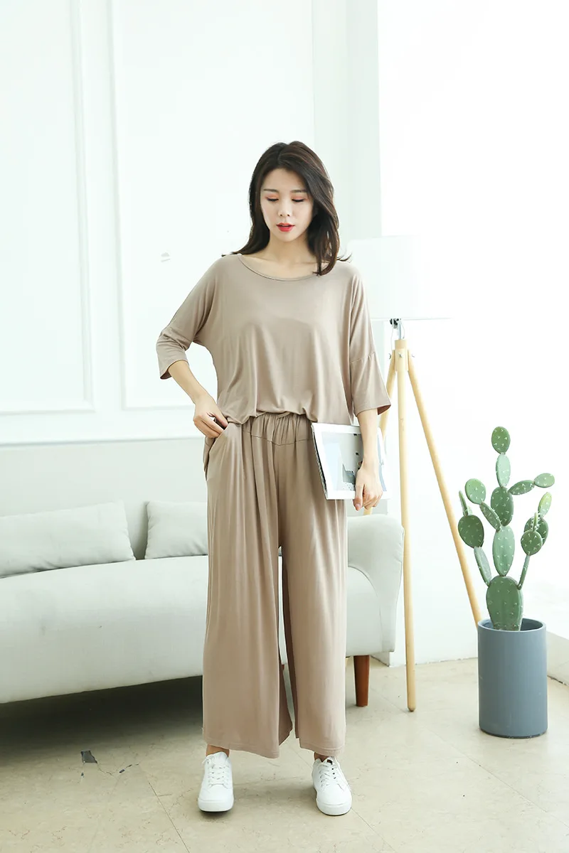khaki Модальные пижамы комплекты из двух предметов Женская Осенняя хлопковая Домашняя одежда Женская Повседневная Свободная футболка+ девять широкие брюки пижамы плюс размер - Цвет: khaki