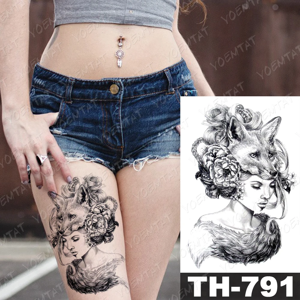 

Waterproof Temporary Tattoo Stickers Beauty Girl Fox Cat Tail Peony Flower Flash Tattoos Woman Arm Body Art Fake Tatoo Male