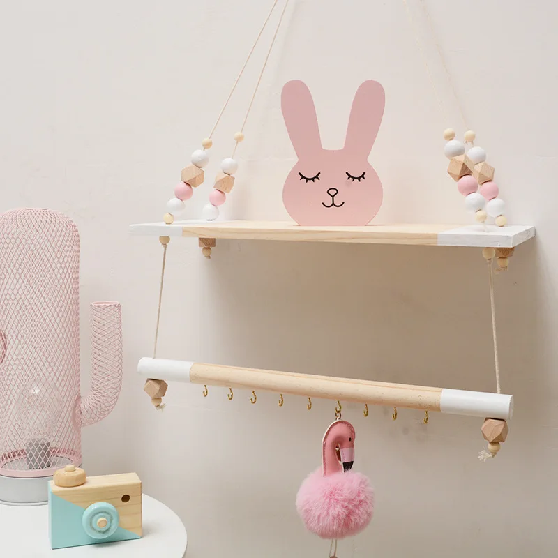 

Double Layer DIY Nordic Wall Shelves Wood Wall Clapboard with Colorful Bead Hook Quality Children Room Decorative Coat Rack Gift