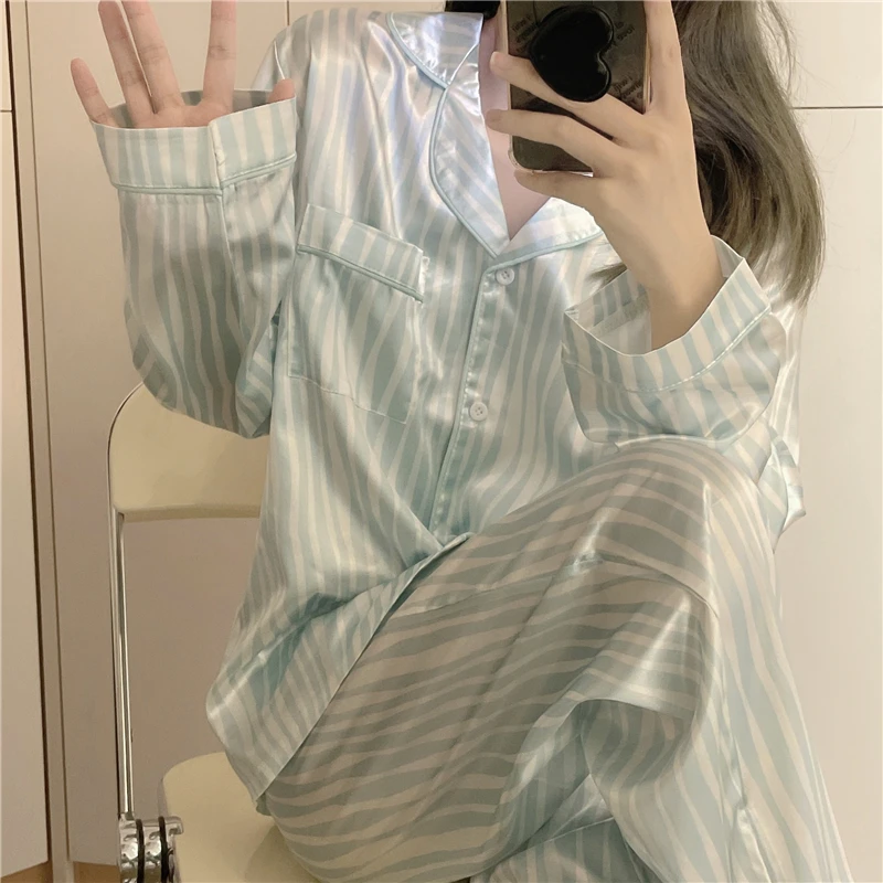 

Blue Striped Silk Autumn Pajamas Set Women Single Breasted Shirts Tops + Long Pants Set Ins Korean Sleepwear Two Piece Home Suit