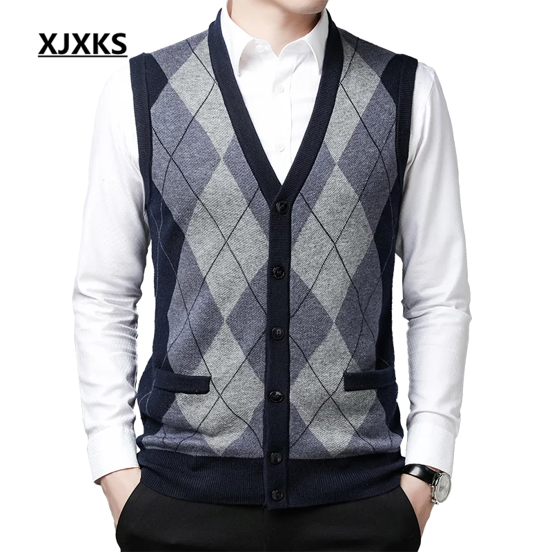 XJXKS высококачественный кашемировый вязаный кардиган мужской свитер без рукавов