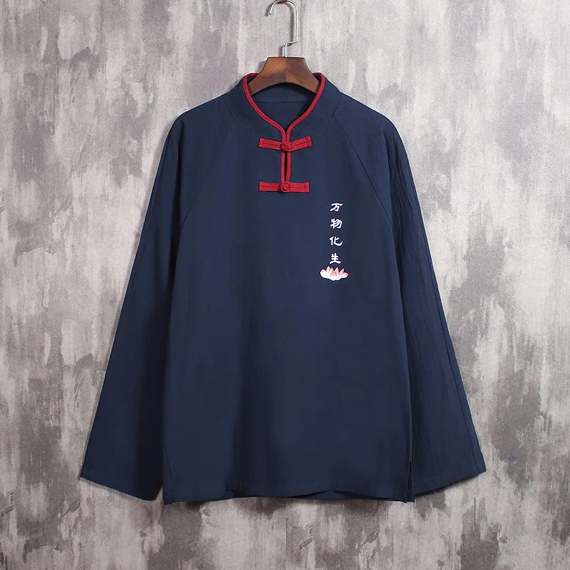 Хлопок лен плюс размер пуловер футболки вышитый кунг-фу тай-чи костюм мастера