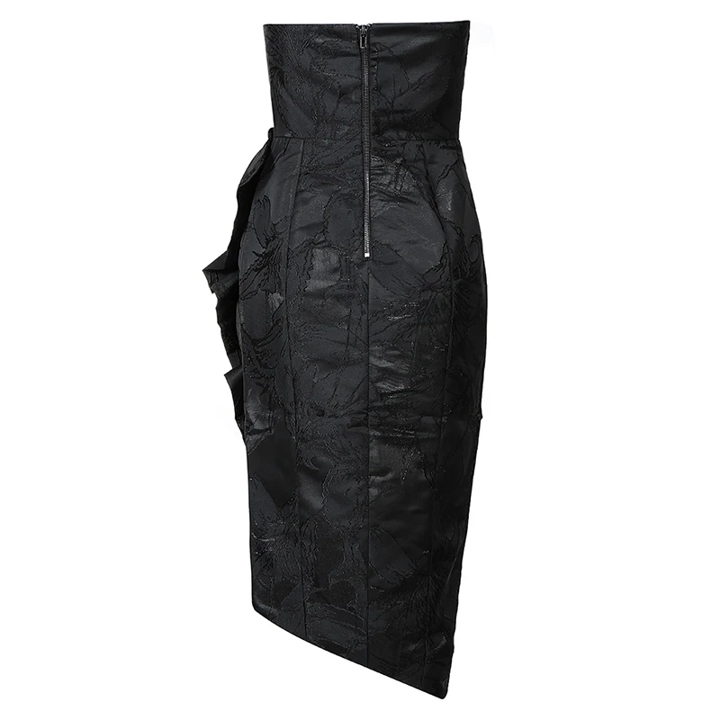 

INDRESSME 2019 New Women Party Vestidos Sexy Strapless Sleeveless Ruffles Zip Split Floral Pattern Black Sheath Midi Dress