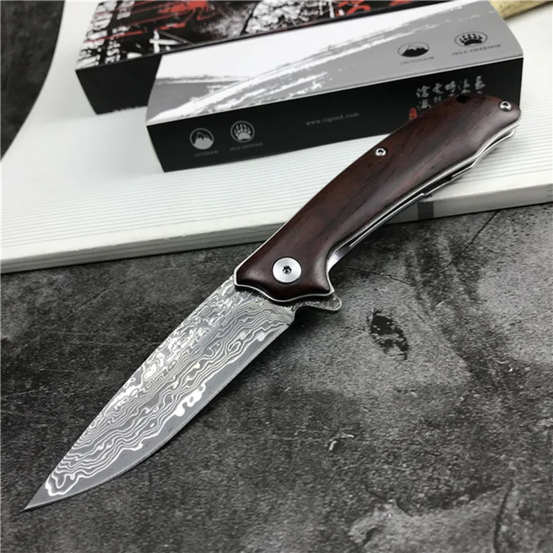 Дамасский складной нож рукоятка из черного дерева для выживания кемпинга