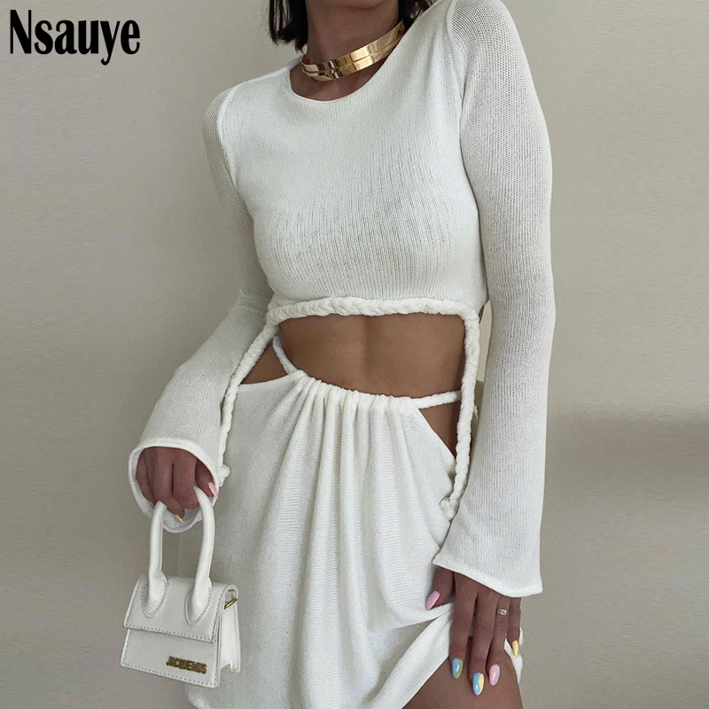

Nsauye Women Autumn 2021 Casual White Hollow Out Two Piece Dress Sets Long Sleeve Shirt Tops And High Waist Mini Skirt Outfits