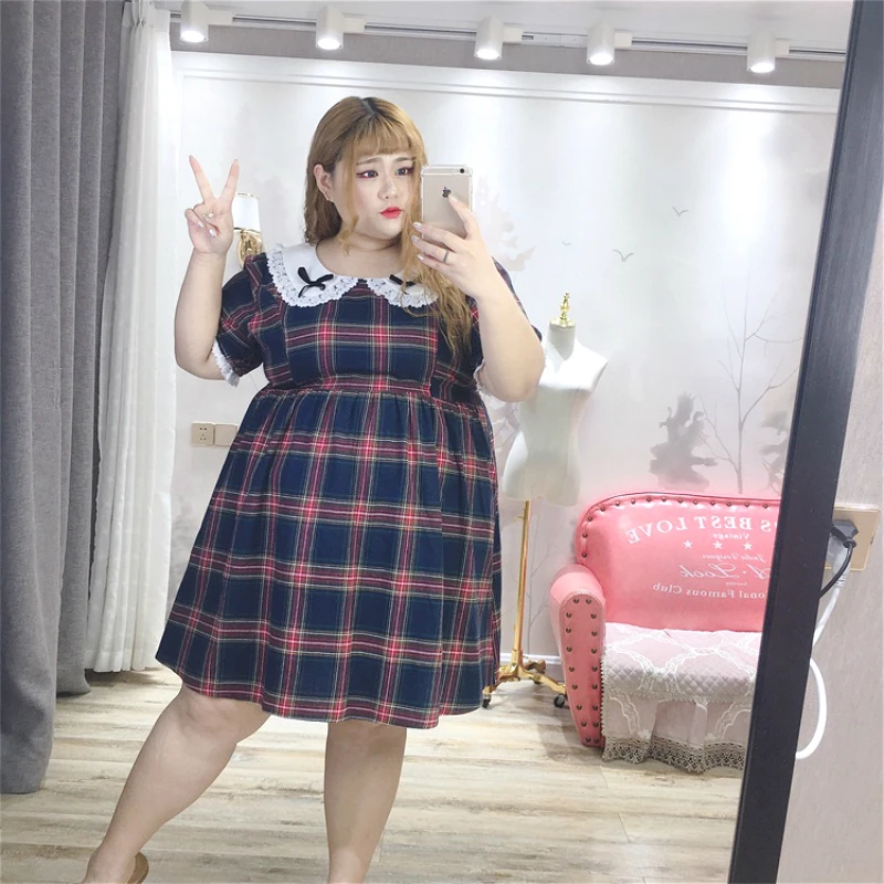 

Fashion Chubby Girl Large Plus Size Women's Summer Lolita Style Sweet Loli Plaid Pattern Lace Short Sleeve Dress Lolita Xl-5xl