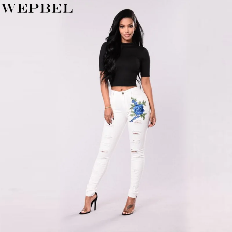 

WEPBEL Jeans Summer Button High Waist Ripped Denim Pencil Pants Women's Casual Solid Color Flower Embroidered Skinny Jeans