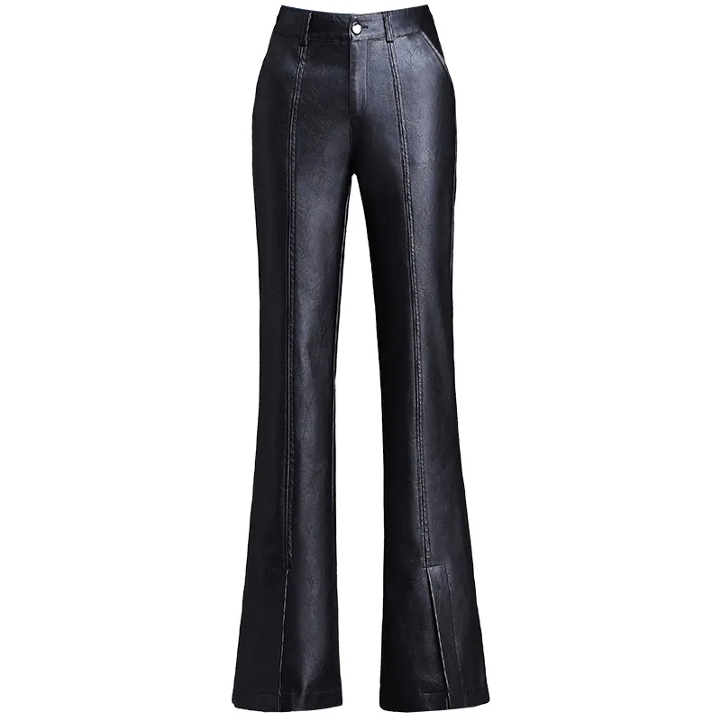 Black Faux Leather Pants Women Autumn Winter High Waist Slim Office Ladies Formal Flare Pu Trousers Slit Work Big Size 4XL | Женская