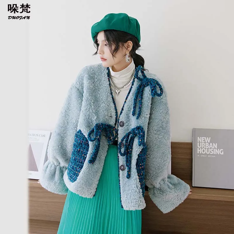 

DUOFAN Women's Winter Jackets 2021 Splice Bow-knots Decorate V-Neck Sherpa Fleece Elegant Loose Long Sleeve Top Woman Clothes
