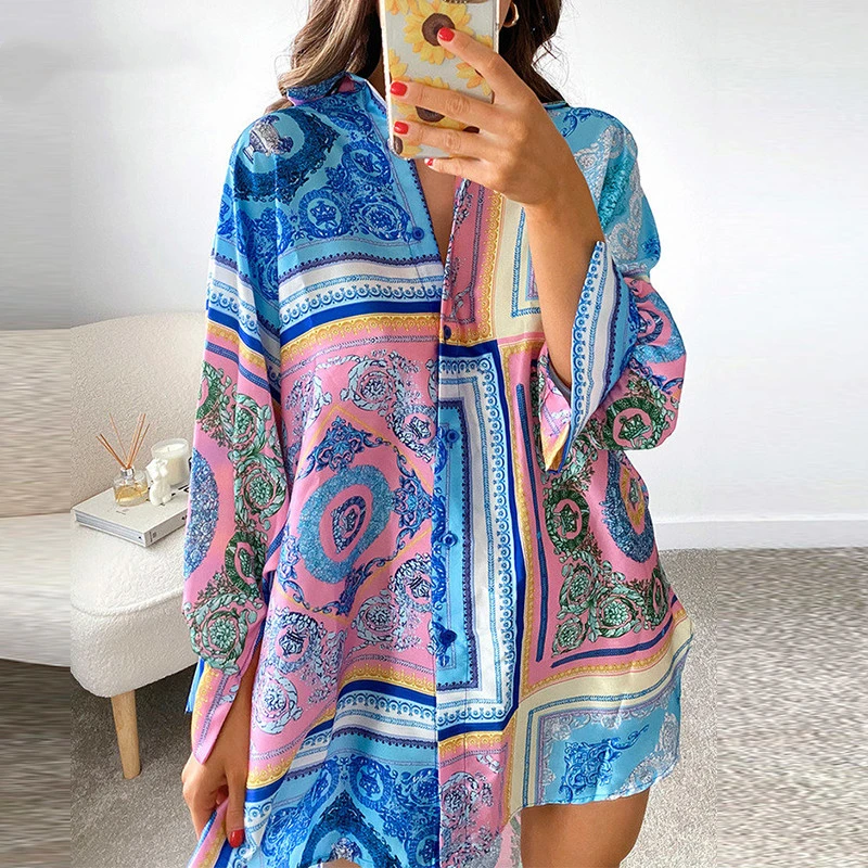 

Summer Casual Dress Y2K Print Shirt Dress 2021 New Long Sleeve Blue Loose Beach Dress Sexy Party Women Green Shirt Clothing