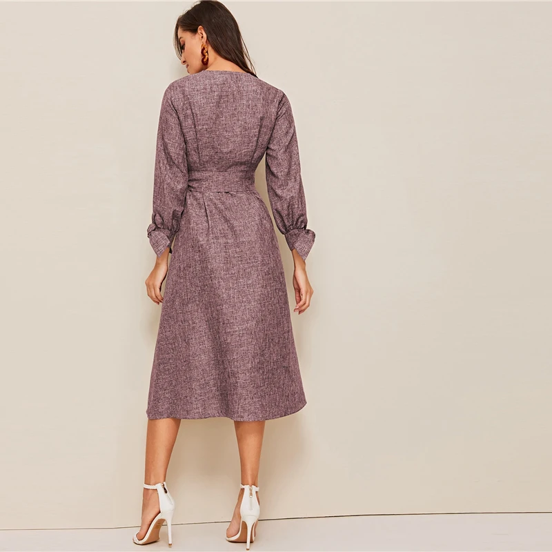 SHEIN летнее платье с v-образным вырезом на пуговицах и манжетах спереди, элегантное платье трапециевидной формы с бантом и высокой талией, коллекция года, весна-осень