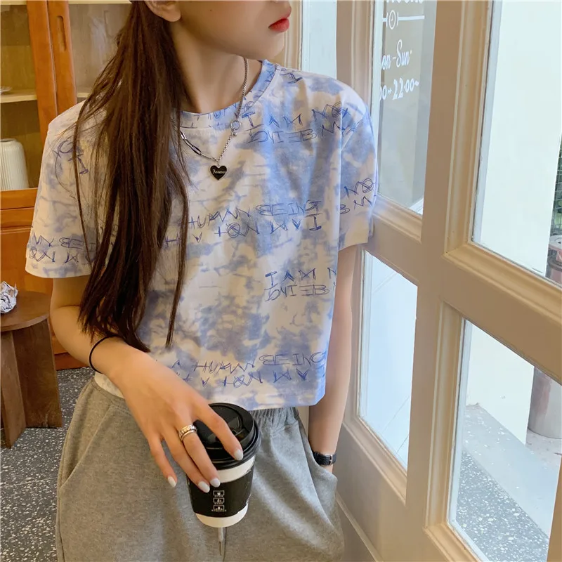 Короткий дизайн с буквенным принтом Повседневная модная женская футболка