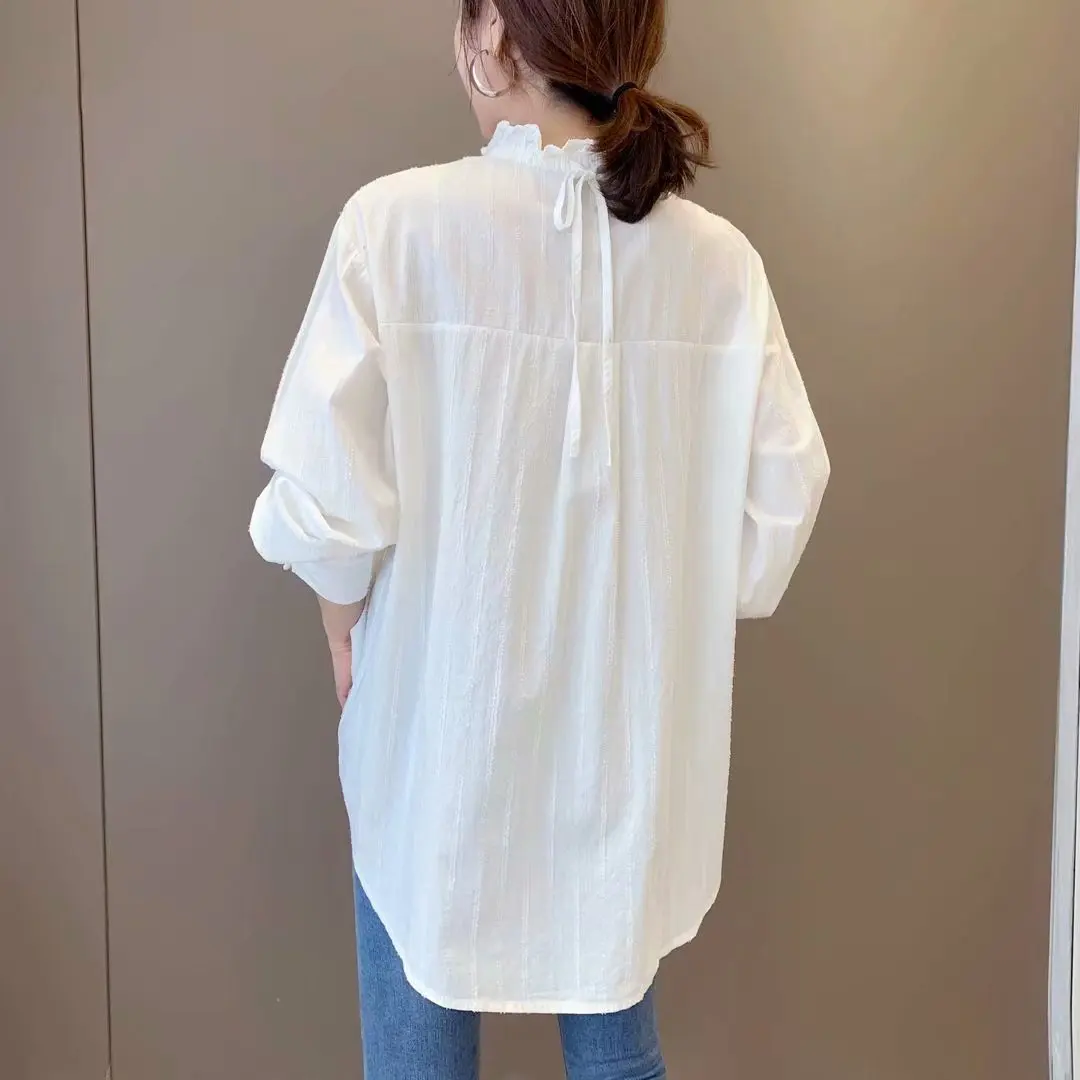 

2021 Women's Shirt Mori Girl Solid Color Loose Embroidery Casual Long Sleeve White Blouse