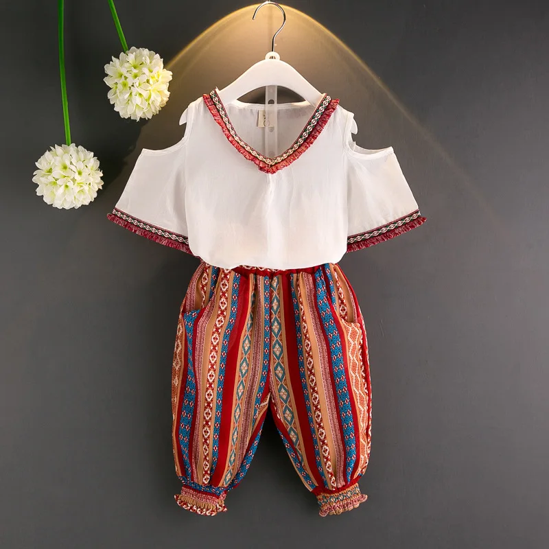 Летний комплект модной одежды для девочек топ с короткими рукавами и открытыми