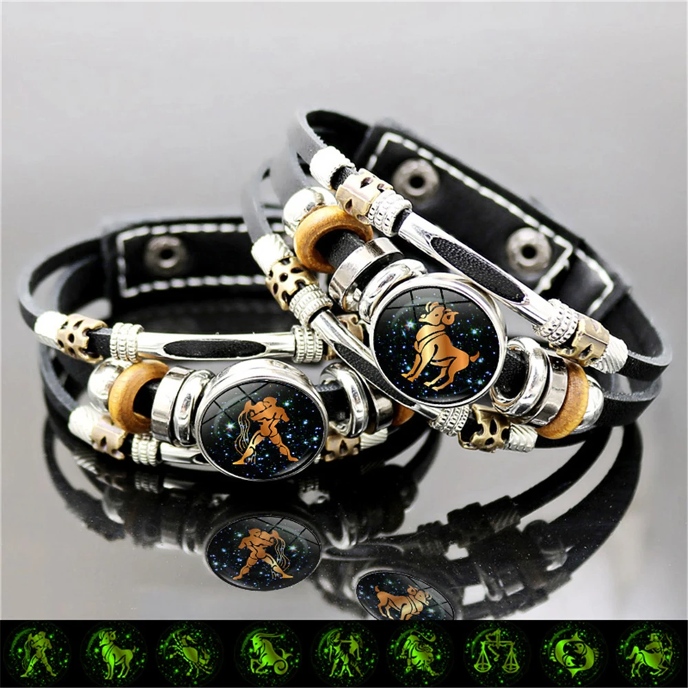 Многослойный Плетеный Кожаный браслет для мужчин и женщин с 12 знаками Зодиака