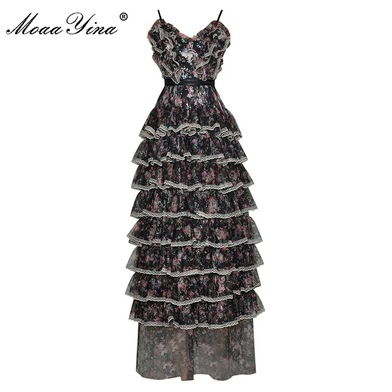 

MoaaYina Fashion Runway Designer Summer Mesh Maxi Dress Women's Sexy Spaghetti Strap Print Cascading Ruffle Long Party Dress