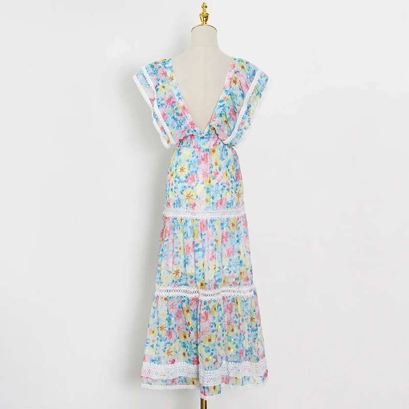 

TWOTWINSTYLE Printing Dress For Women V Neck Short Sleeve High Waist Hit Color Lace Up Vintage Dresses Female 2021 Clothing New