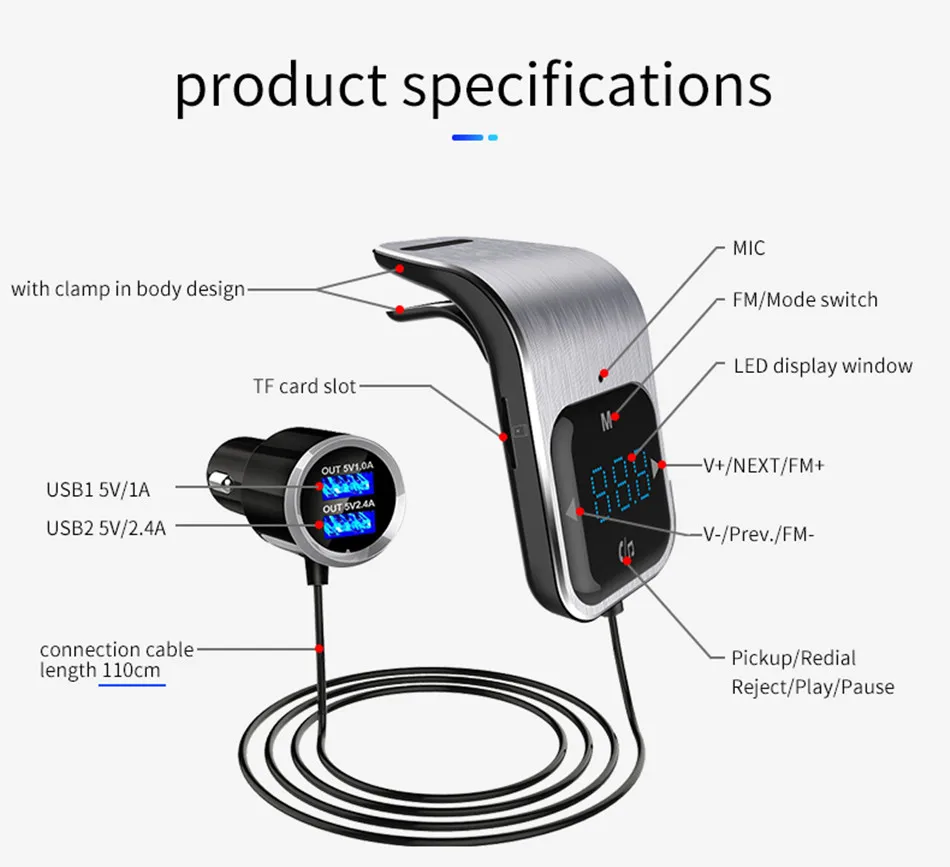 USB адаптер для быстрого автомобильного Зарядное устройство Bluetooth ресивер FM-передатчик модулятор Автомобильный AUX Беспроводной радио адаптер MP3 проигрыватель TF карты и микрофон
