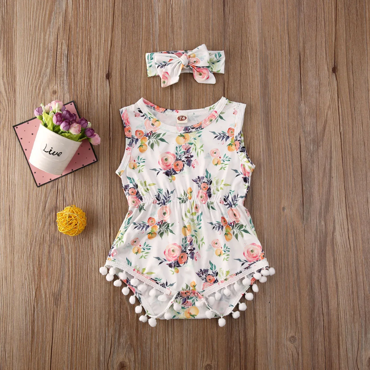 

2020 Baby Summer Clothing Newborn Baby Girls Toddler Flower Tassel Ball Bodysuit Jumpsuit Sleeveless Sunsuit Outfits