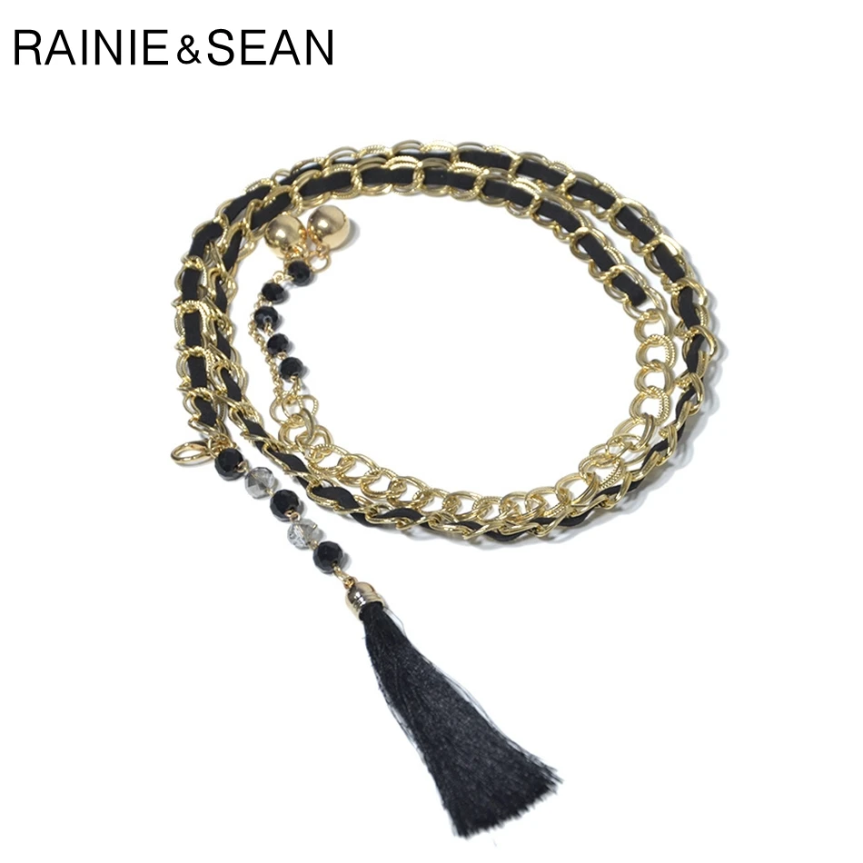 Женский тонкий пояс с кисточками и стразами RAINIE SEAN элегантный черного золотого