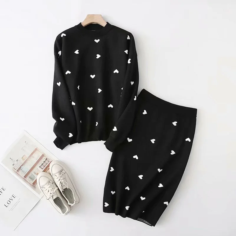 korea chic heart pattern knitted suit women skirt set autumn winter knitted suit 2 piece set sweet top and skirt