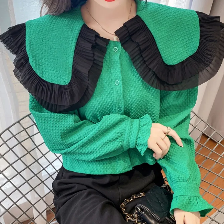 Женская короткая рубашка с воротником Питер Пэн длинным рукавом - купить по