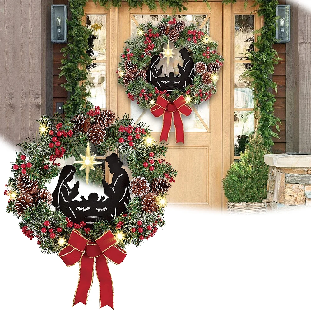 

Artificial Christmas Wreath Red Berries Pinecones Nativity Scene Xmas Garlands with LED Light Home Decor Pendants for Door Wall