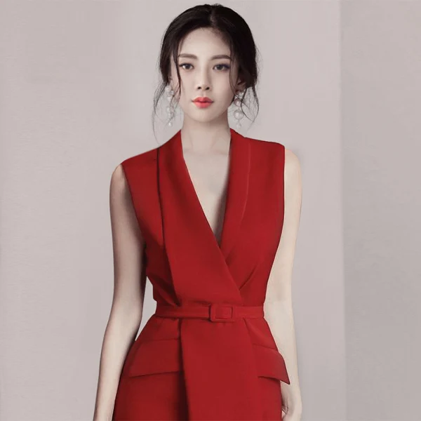 High Quality Spring Women's Vintage Vest Red Blazer Dress Ladies Sexy V-Neck Sleeveless Tank Elegant Office Party Long Dresses | Женская