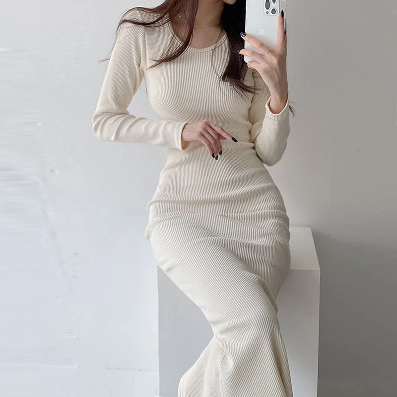 

Новинка 2022, повседневное однотонное теплое зимнее платье-джемпер в Корейском стиле, вязаное женское платье-свитер, женское плотное облегающее трикотажное платье
