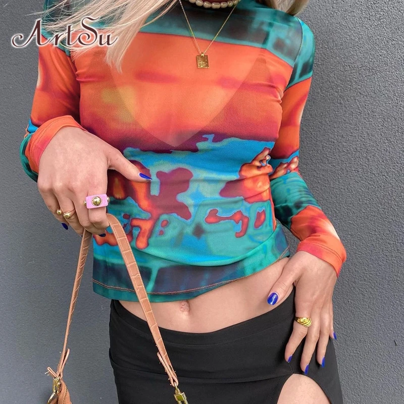 

ArtSu Long Sleeve Crop Top Y2K Clothes Women Tie Dye Print See Through Tees Basic Sexy Shirt Autumn Harajuku Mesh T-shirts Femme