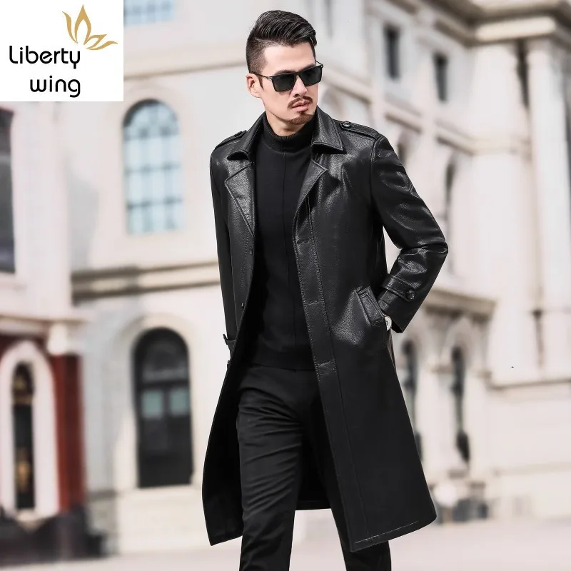 

High Quality PU Leather Mens Fake Fur Liner Trench Winter New Fashion Medium Length Thick Warm Coats Plus Size Streetwear