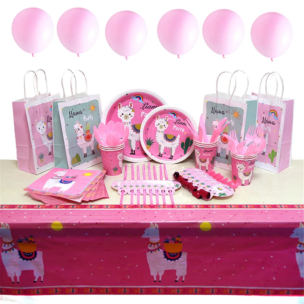 

Alpaca Theme Disposable Tableware Baby Shower Pink Lama Birthday Party Decorations Disposable Plates Napkins Cups Banners