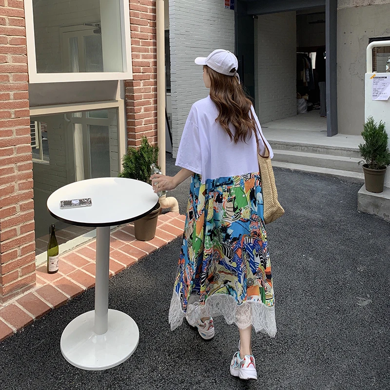 

Summer New Plus Size Loose Office Lady Casual Printing Lace Round Neck Women's Clothing Short Sleeve Print Patchwork Long Dress