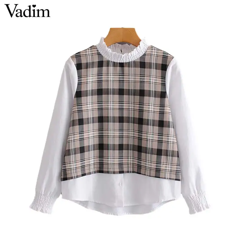 Vadim Женская клетчатая Лоскутная Блузка в стиле ретро офисная одежда рубашка с