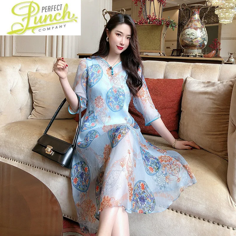 Silk Summer 2021 100% Dress Elegant Beach Floral Dresses for Women Vintage Spring Vestidos Elegantes L2010HT629 KJ