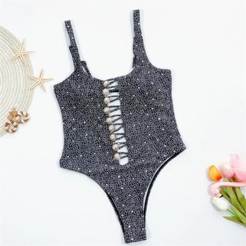 

Buttons One Piece Swimsuit Female Sexy Hollow Out Swimwear Women Monokini Plunging Neck Bathing Suit Floral Print Bodysuit