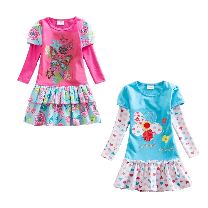 Детское Хлопковое платье с цветочным принтом длинным рукавом и круглым вырезом |